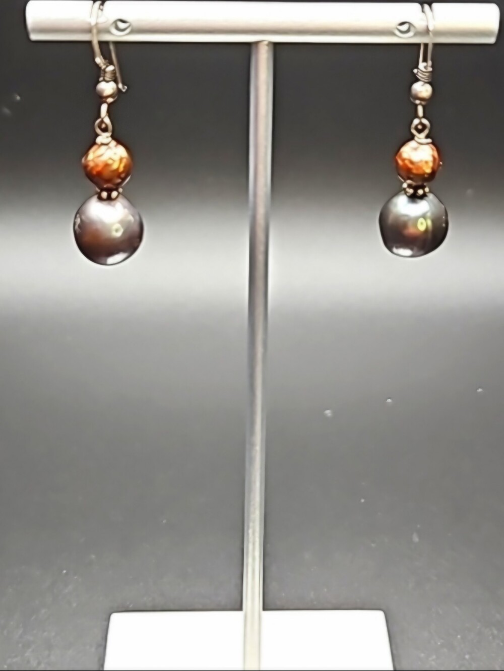 RELISTED Vintage 925 Sterling Silver Faceted Bronze Black Pearl Drop Earrings - Picture 3 of 6